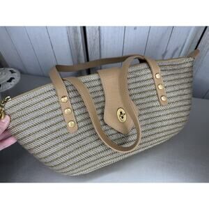 Eric Javits Stripe Short Tote Purse Tan And Gold Striped Top Handle